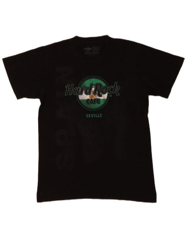 Camiseta masculina Hard Rock Cafe Seville com estampa gráfica de algodão preto médio