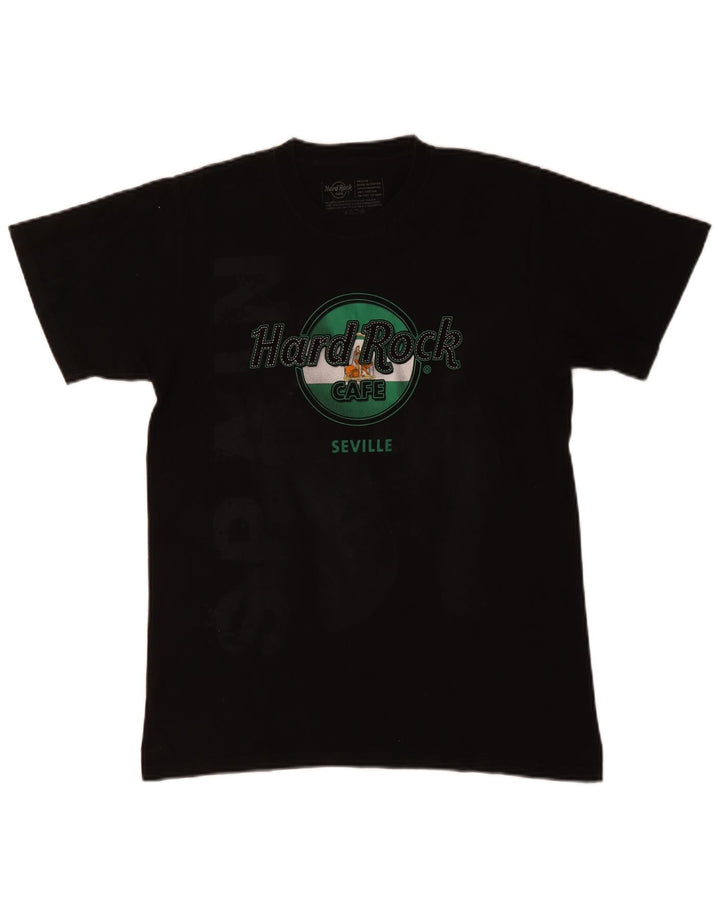 Camiseta masculina Hard Rock Cafe Seville com estampa gráfica de algodão preto médio