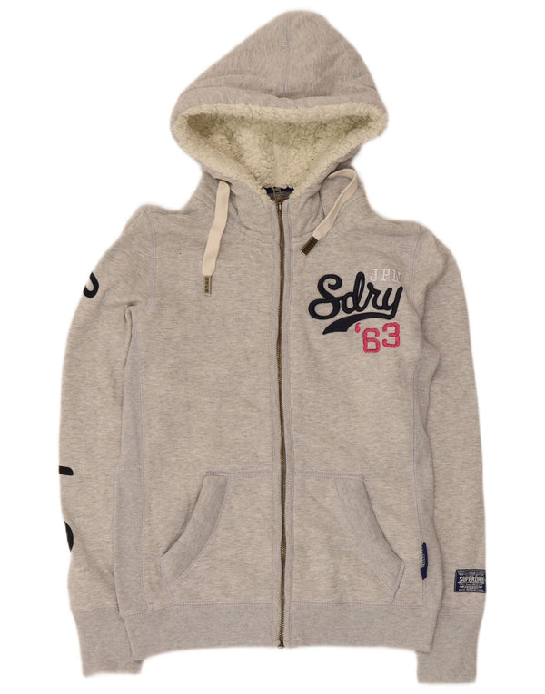 Suéter feminino Superdry com capuz e zíper gráfico UK 12 algodão cinza médio