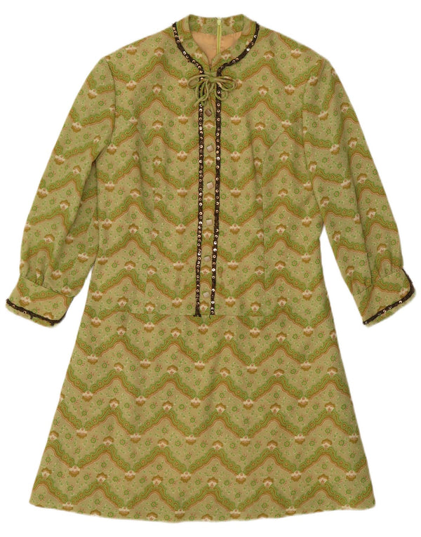 Vestido feminino vintage manga 3/4 linha A Reino Unido 12 verde médio Chevron
