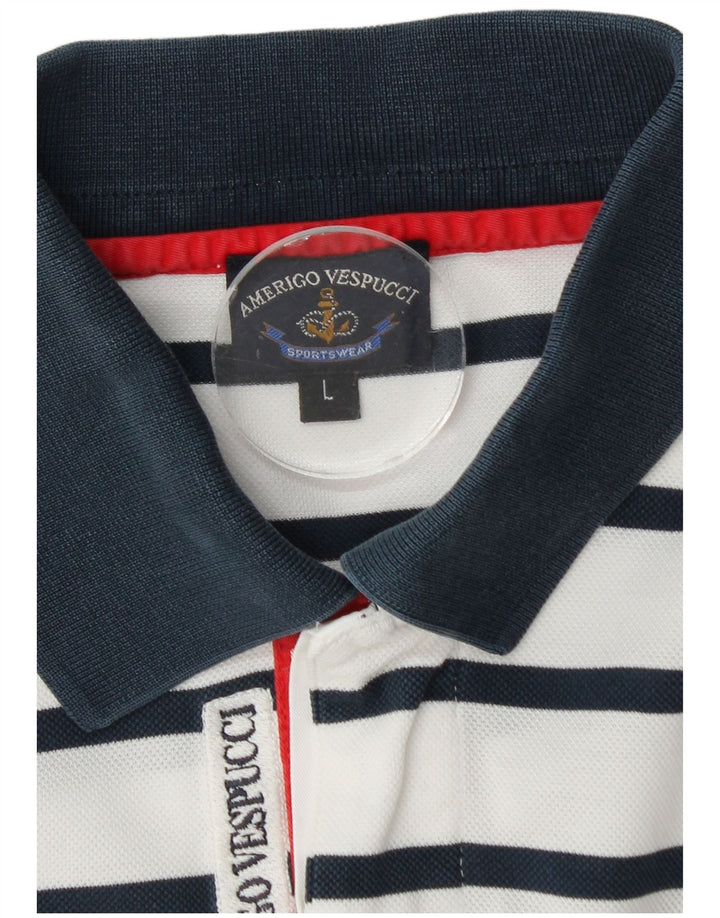 Camisa polo masculina de rugby Amerigo Vespucci grande listrada branca