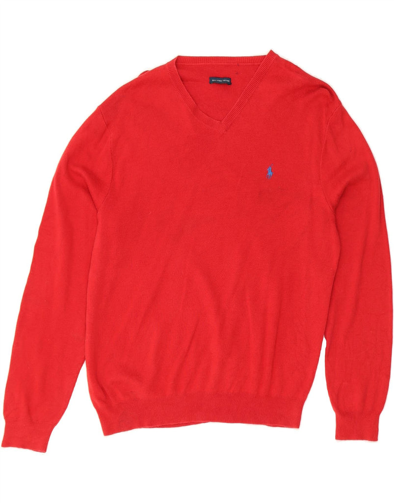 RALPH LAUREN Mens V-Neck Jumper Sweater Medium Red Cotton Vintage Ralph Lauren and Second-Hand Ralph Lauren from Messina Hembry 