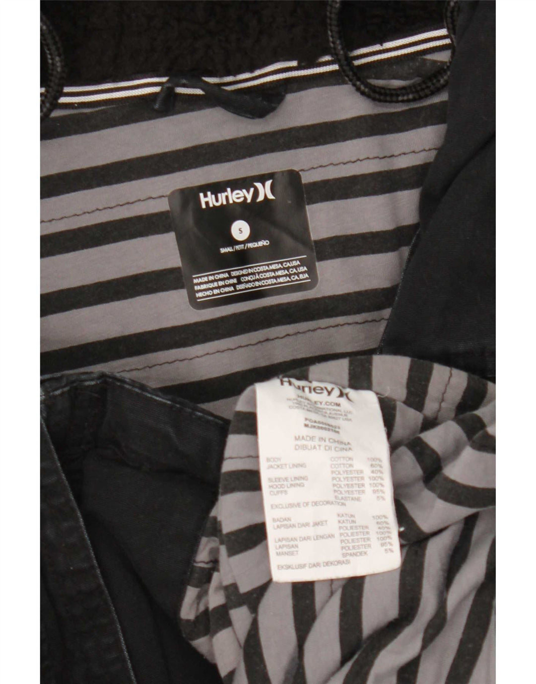 Jaqueta Parka masculina Hurley com capuz Reino Unido 36 pequeno algodão preto