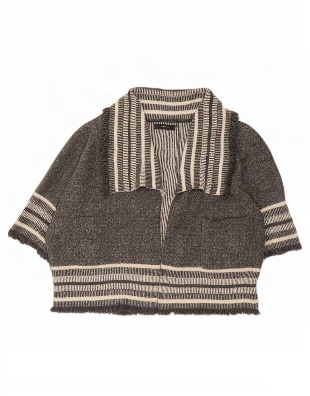 Suéter cardigã feminino Zara manga 3/4 grande Reino Unido 14 listrado cinza médio