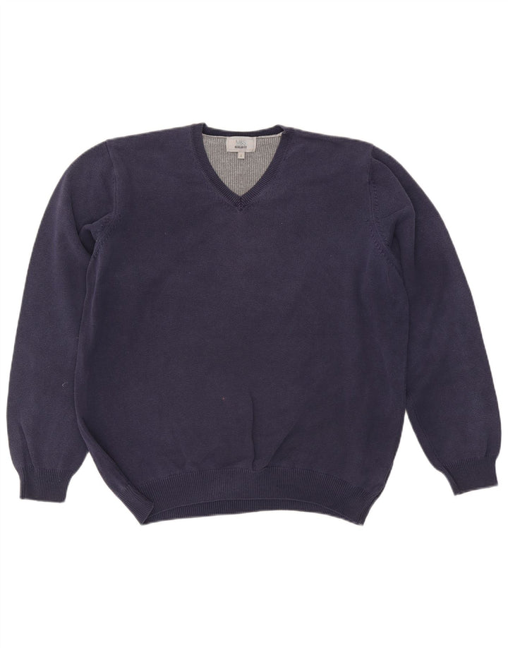 Suéter masculino Marks & Spencer de ajuste regular com decote em V grande azul marinho
