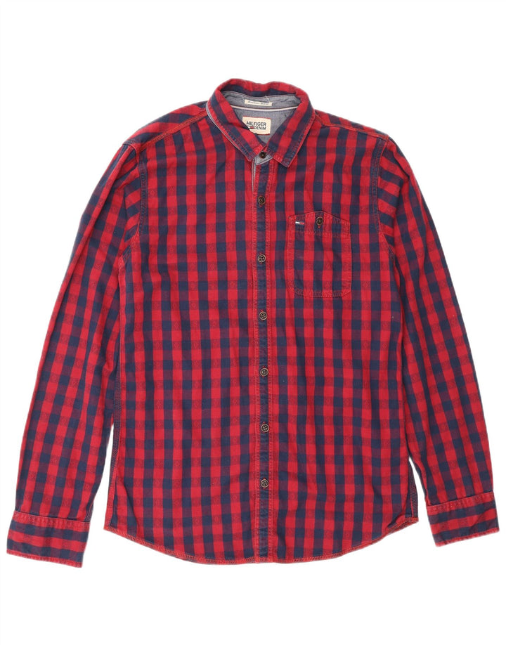 Camisa masculina Tommy Hilfiger Regular Fit pequena vermelha xadrez de algodão
