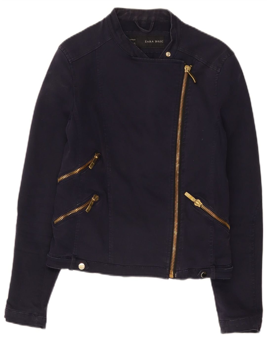 Zara Womens Crop Biker Jacket UK 14 Grande Algodão Azul Marinho