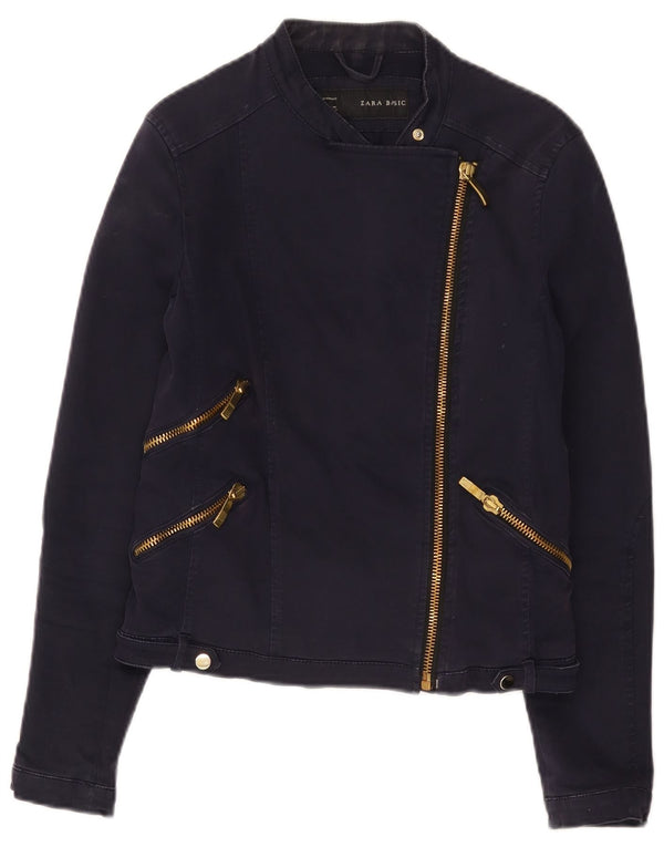 Zara Womens Crop Biker Jacket UK 14 Grande Algodão Azul Marinho