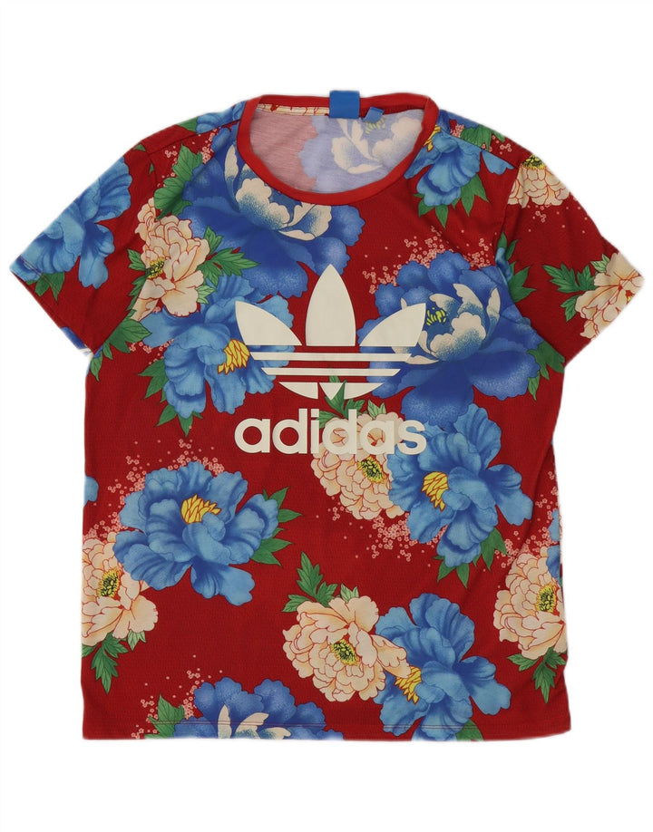 ADIDAS Womens Graphic T-Shirt Top UK 14 Grande Vermelho Floral Poliéster