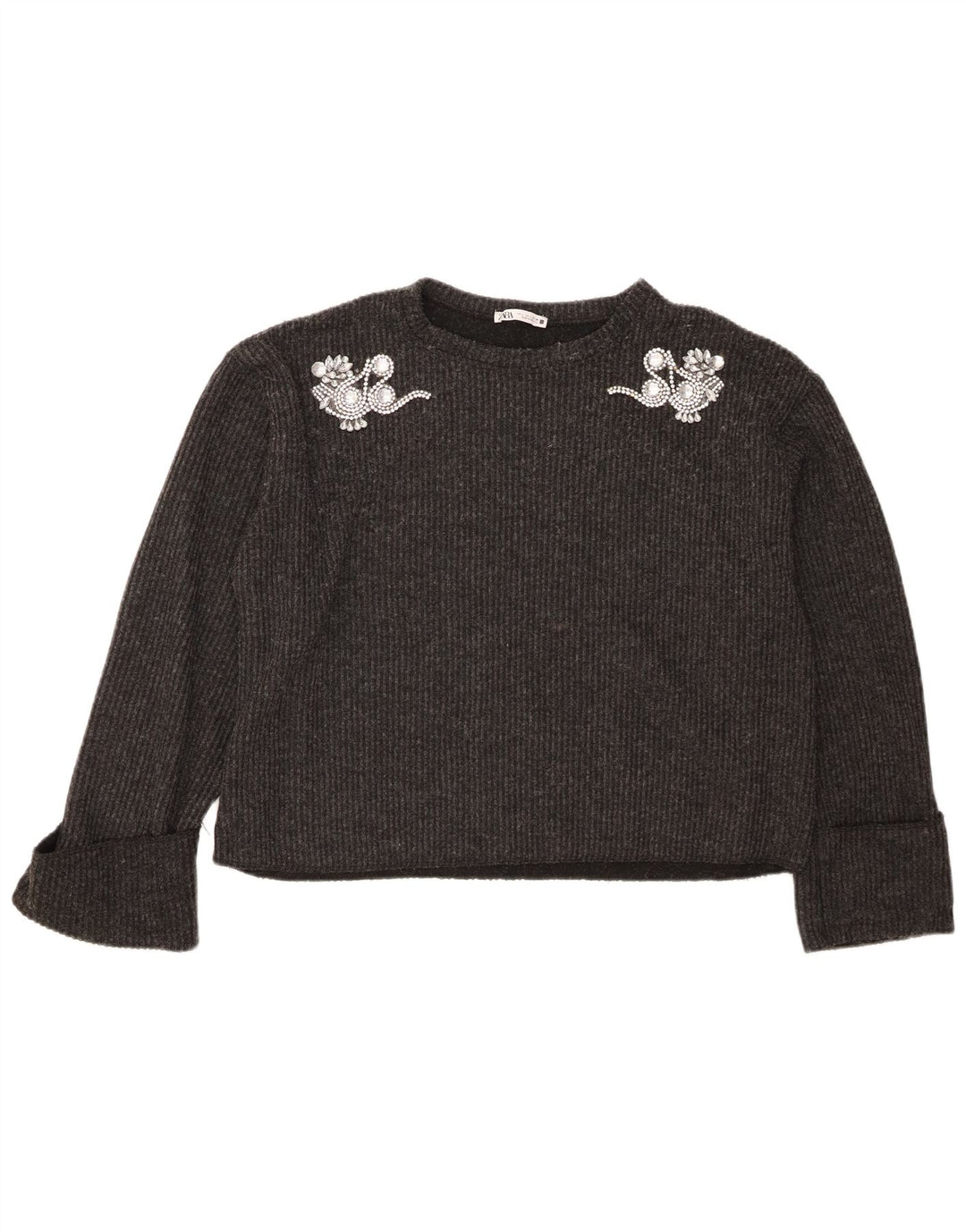 Suéter feminino Zara com gola redonda grande e gola redonda Reino Unido 16 grande cinza