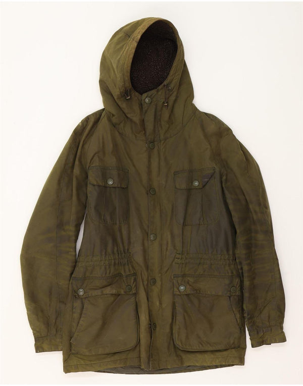 Jaqueta masculina de algodão encerado com capuz Barbour Reino Unido 38 algodão cáqui médio