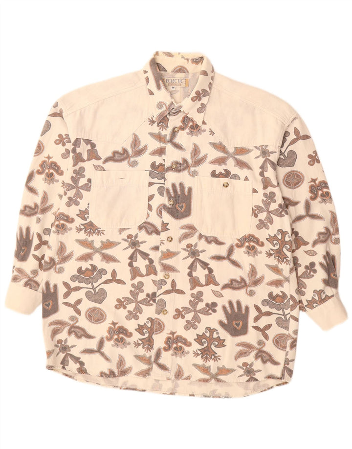 Camisa masculina vintage de algodão floral branco médio