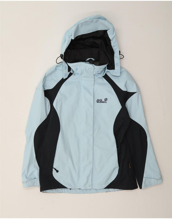 Jaqueta de chuva feminina com capuz Jack Wolfskin Reino Unido 10 bloco colorido azul pequeno