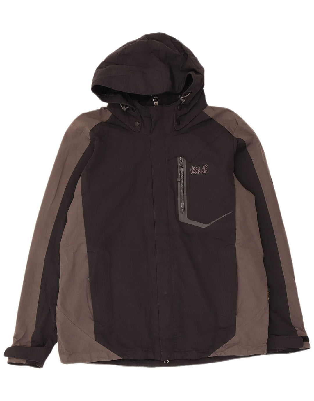 Jaqueta de chuva masculina com capuz Jack Wolfskin Reino Unido 36/38 bloco colorido preto médio