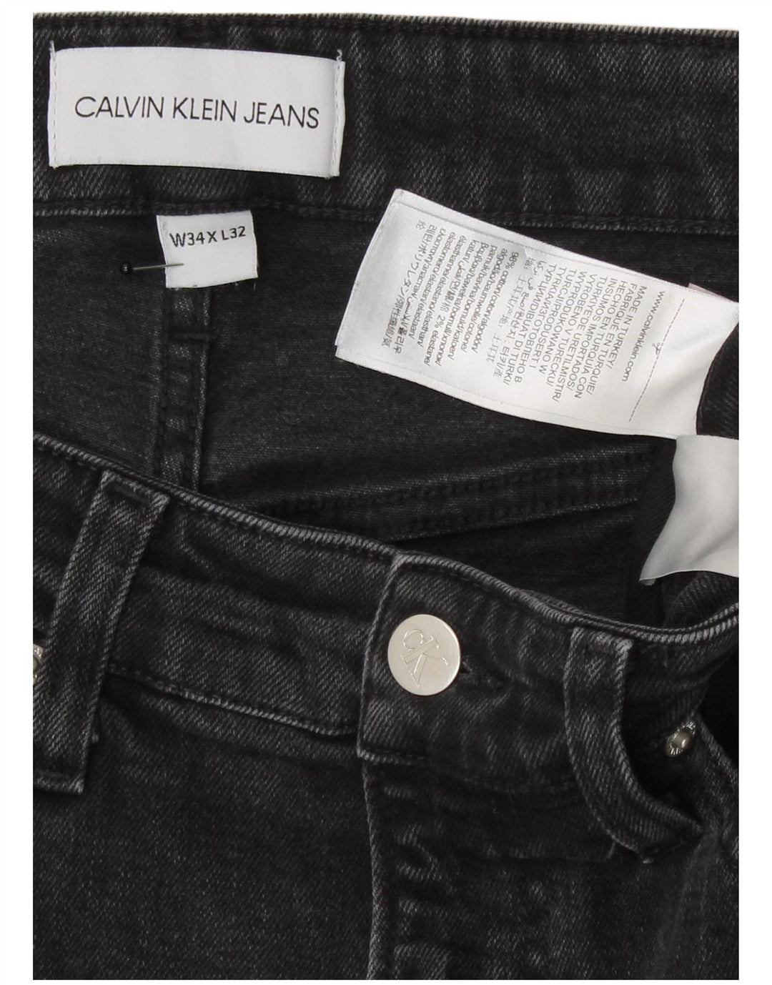 Calvin Klein Mens Graphic Slim Jeans W34 L32 Algodão Cinza