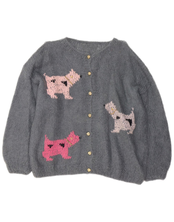 Suéter cardigã gráfico feminino vintage UK 20 2XL cinza estampa animal novidade