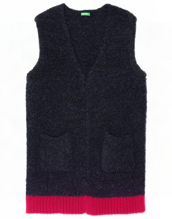 Suéter cardigã feminino longline sem mangas Benetton UK 14 Azul marinho médio