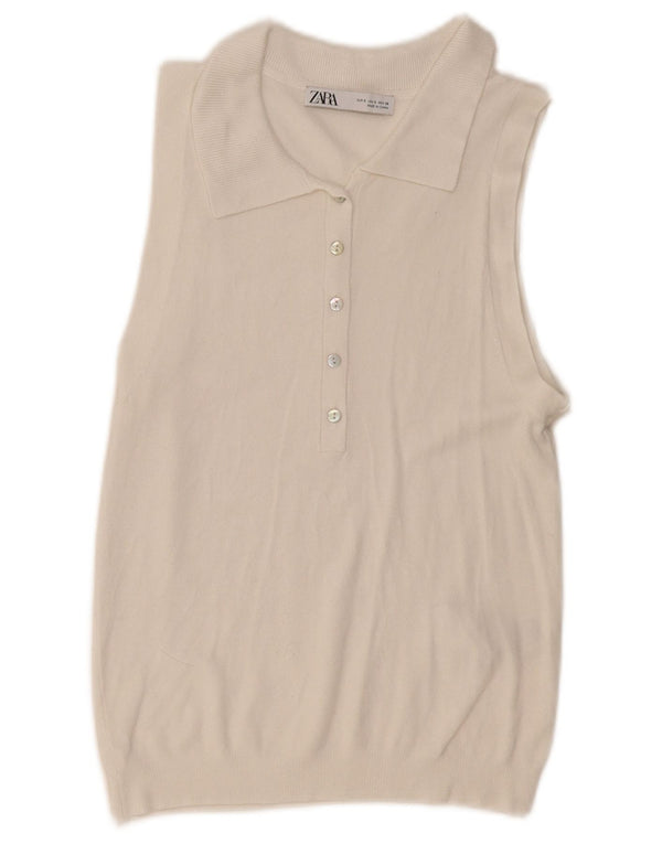 Camisa polo feminina sem mangas Zara Reino Unido 10 pequena viscose branca