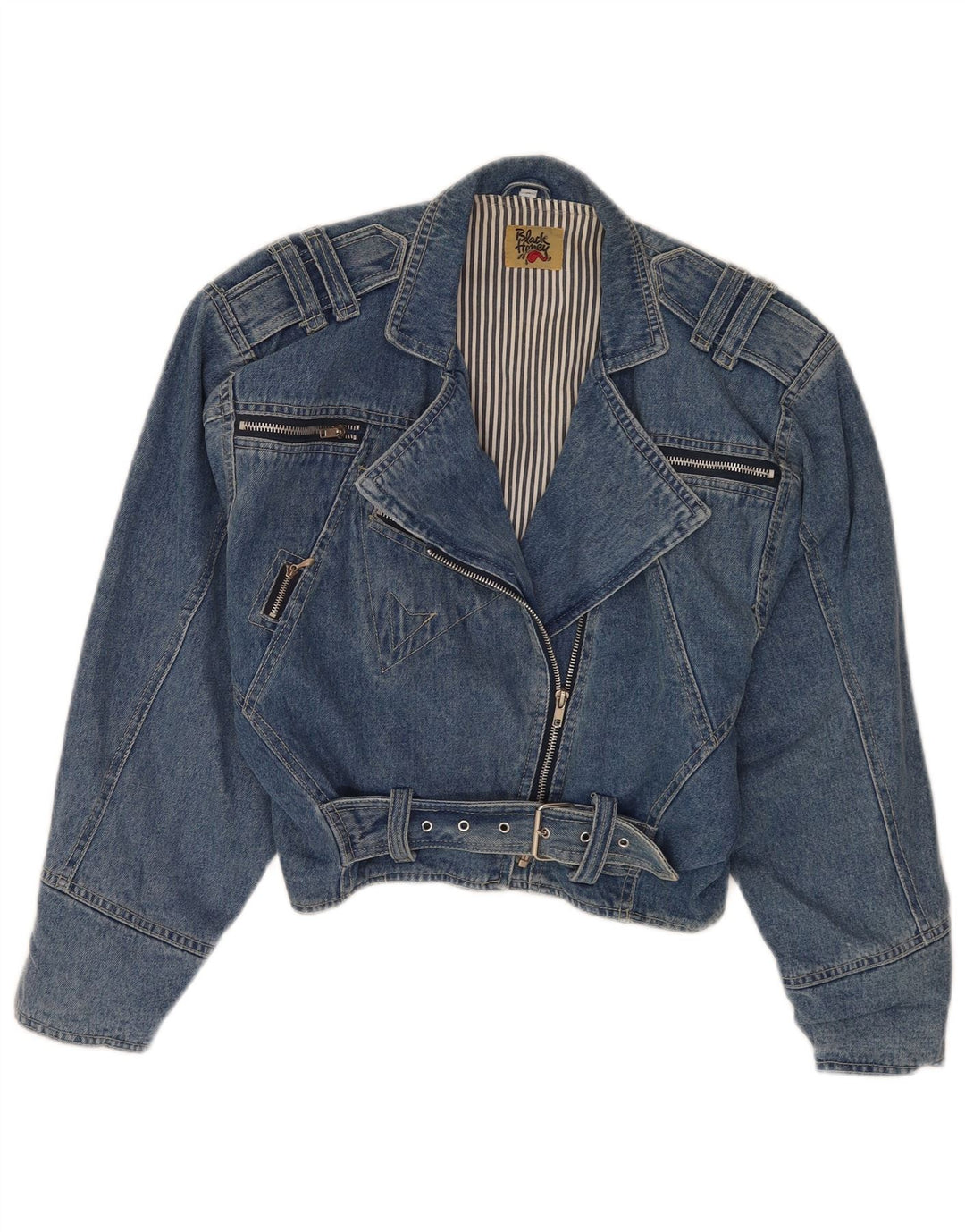 Jaqueta vintage feminina jeans cropped para motociclista Reino Unido 12 algodão azul médio