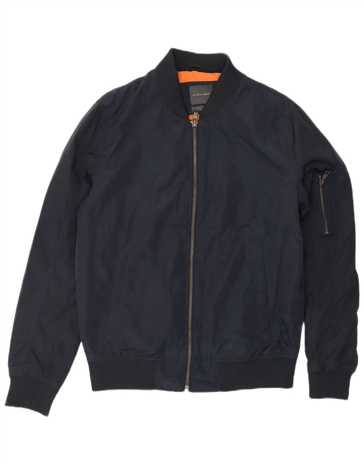 Jaqueta bomber masculina ZARA UK 40 grande poliéster azul marinho