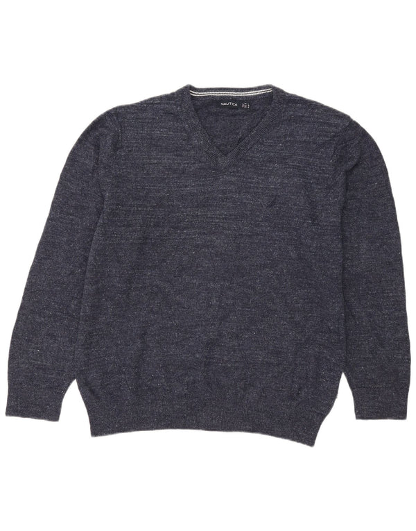 Suéter masculino Nautica com decote em V XL azul marinho algodão manchado