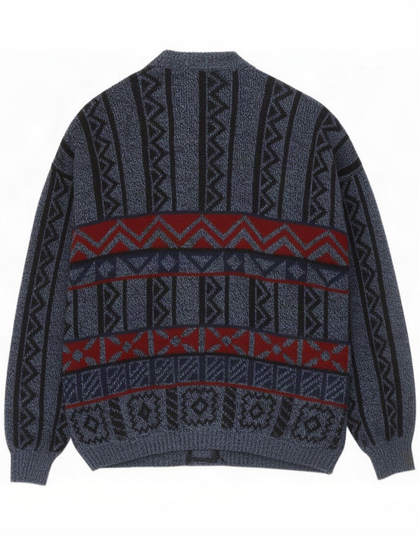 Suéter cardigã masculino vintage 2XL lã geométrica azul