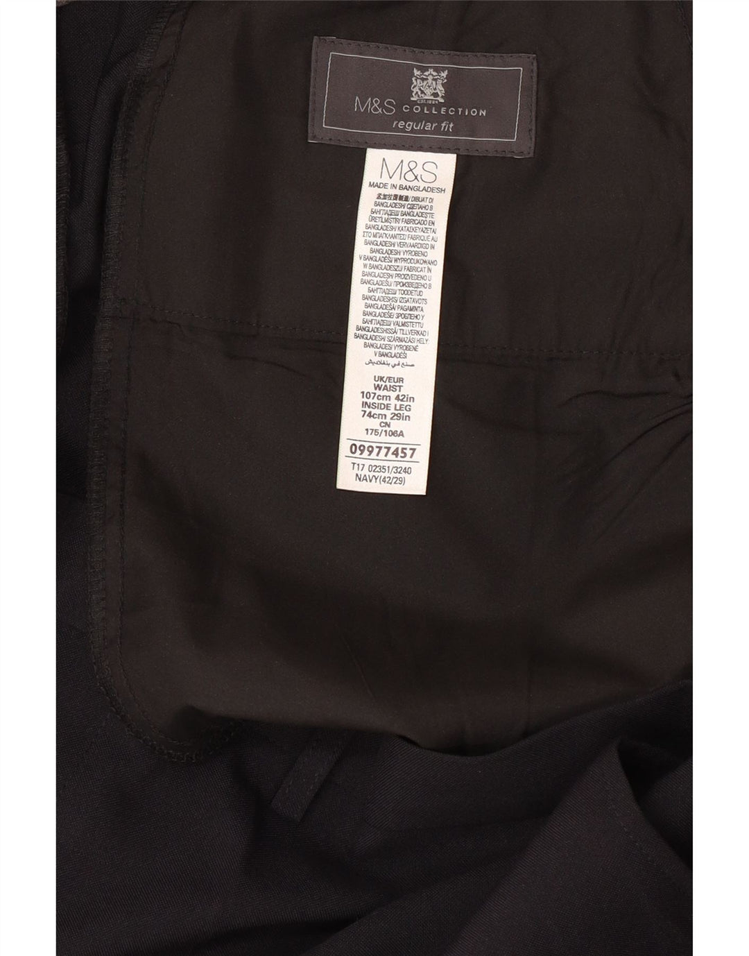 Calça masculina de ajuste regular MARKS & SPENCER W42 L29 poliéster azul marinho