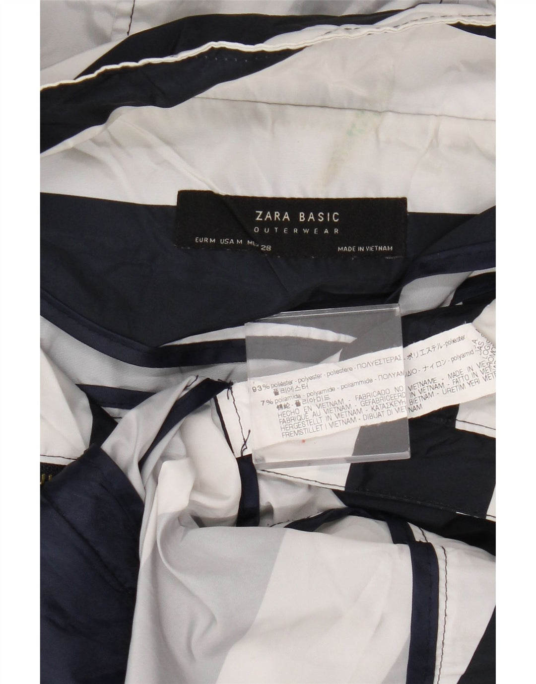 Jaqueta de chuva com capuz feminino Zara UK 14 poliéster listrado azul marinho médio
