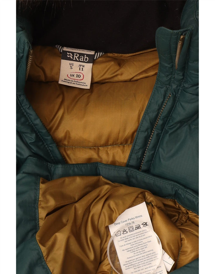 Casaco acolchoado com capuz feminino Rab UK 10 pequeno poliamida verde