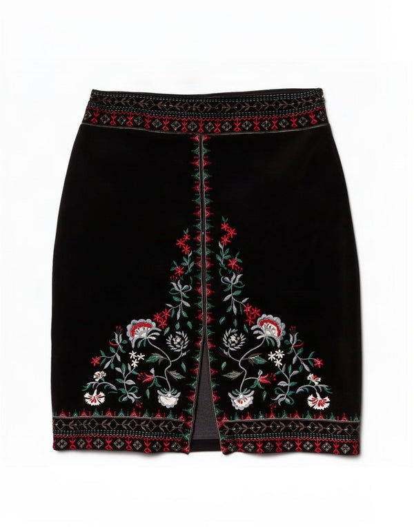 Saia lápis feminina de veludo Brora Reino Unido 12 médio W32 algodão floral preto