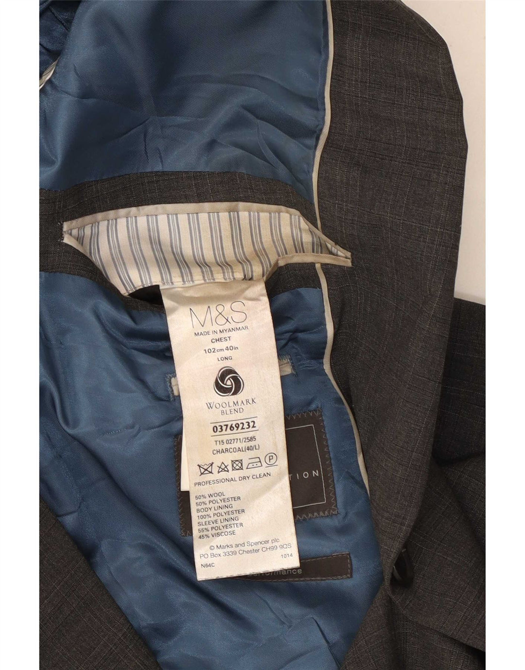 Jaqueta blazer masculina de 2 botões Marks & Spencer Reino Unido 40 lã cinza médio