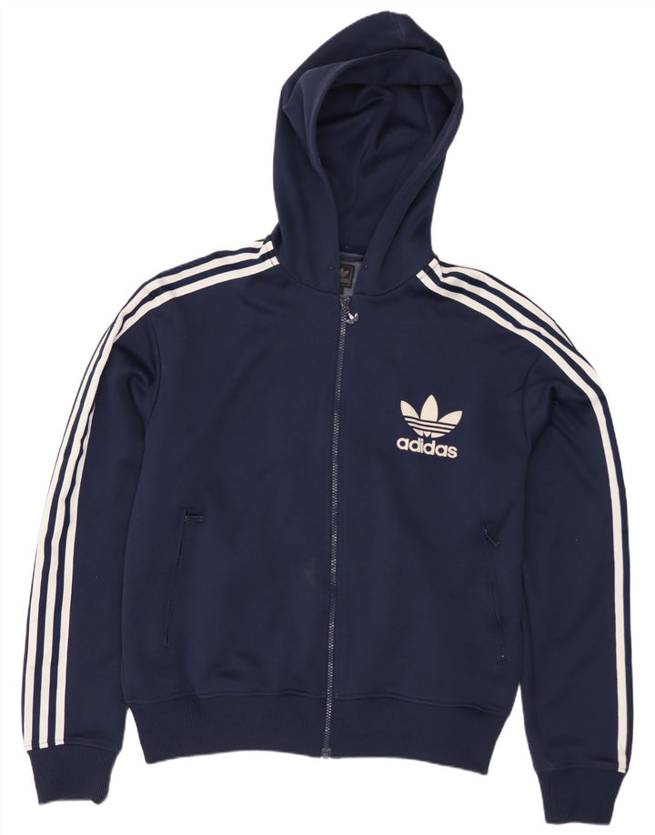 Suéter masculino Adidas com capuz e zíper grande poliéster azul marinho