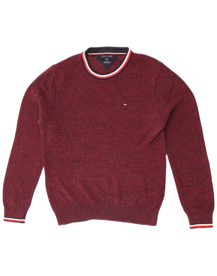 Suéter masculino Tommy Hilfiger com gola redonda, médio borgonha manchado