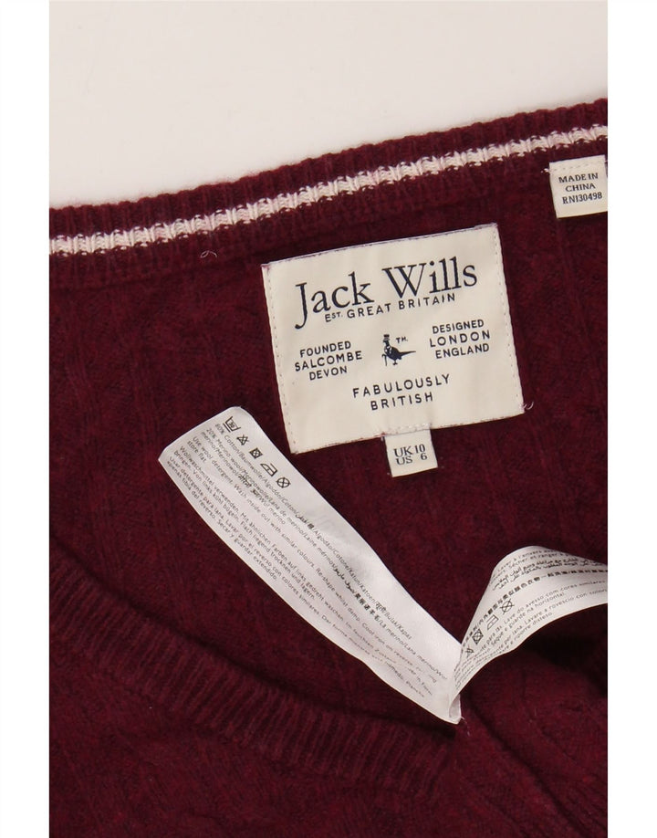 JACK WILLS Suéter feminino curto com decote em V Reino Unido 10 pequeno algodão borgonha