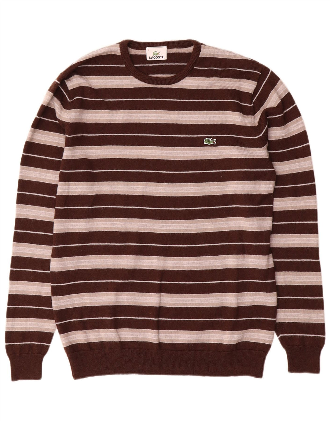 Suéter masculino Lacoste com gola redonda, tamanho 3, lã listrada marrom pequena