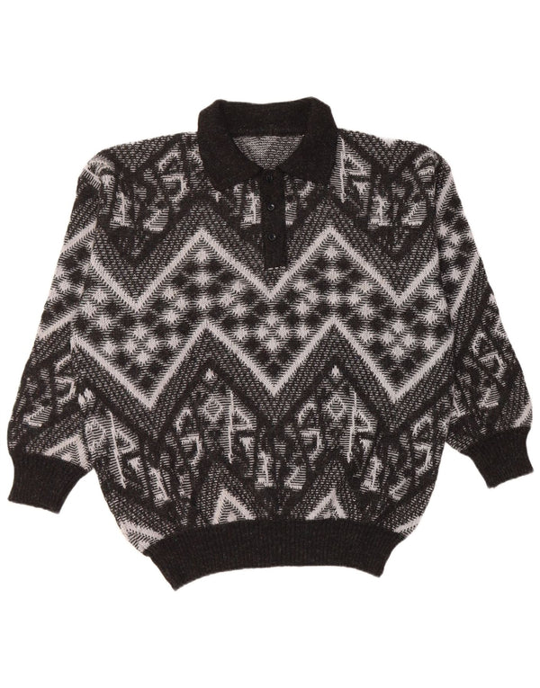 Suéter vintage masculino com gola polo IT 56 XL acrílico geométrico preto