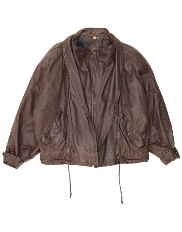 Jaqueta de couro superdimensionada vintage feminina IT 52 2XL couro marrom