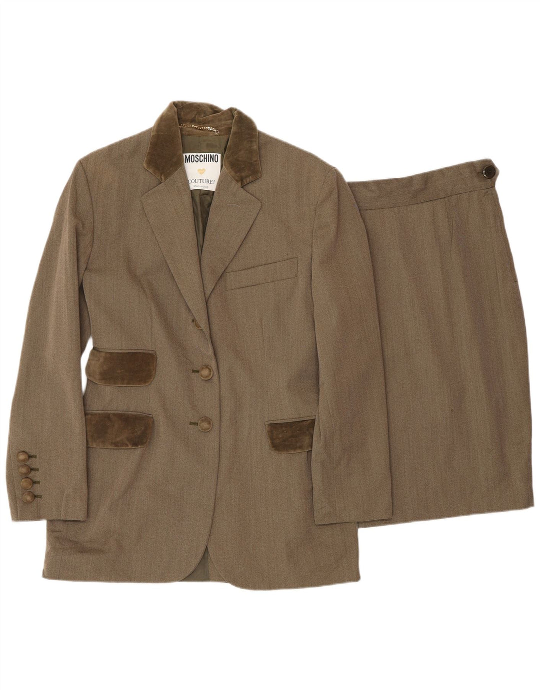 Conjunto de saia feminina MOSCHINO com 3 botões e 2 peças Reino Unido 12 médio W28 marrom clássico