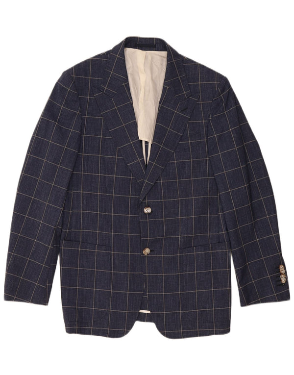 Jaqueta blazer masculina vintage com 2 botões Reino Unido 40 grande lã xadrez azul marinho