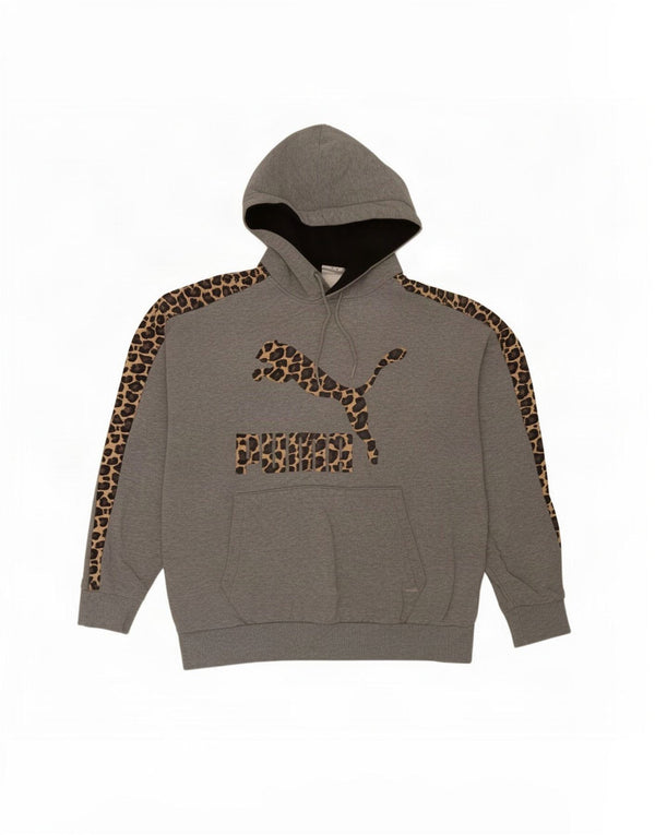 Puma Mens Graphic Hoodie Jumper Médio Cinza Animal Print Algodão