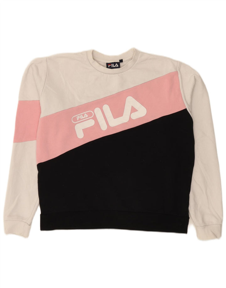 Fila moletom gráfico feminino jumper UK 14 médio branco colorblock algodão