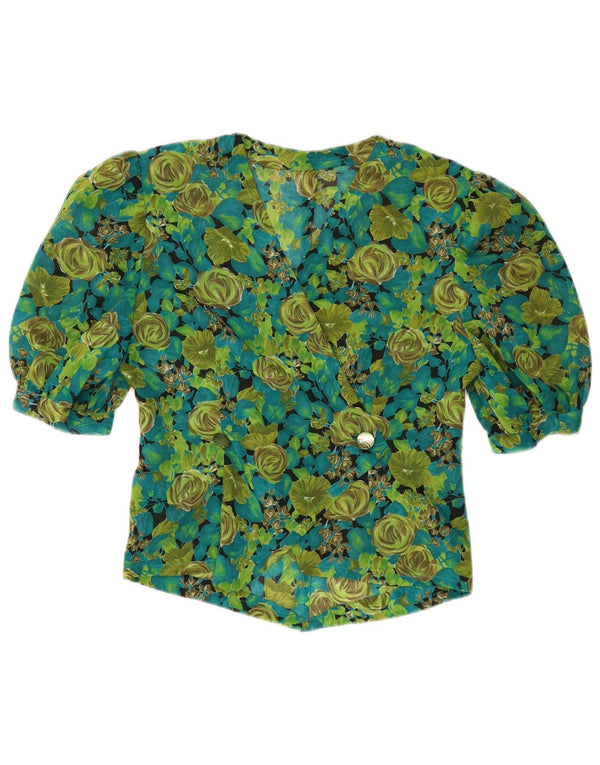 Blusa feminina vintage de manga curta UK 8 pequena floral verde