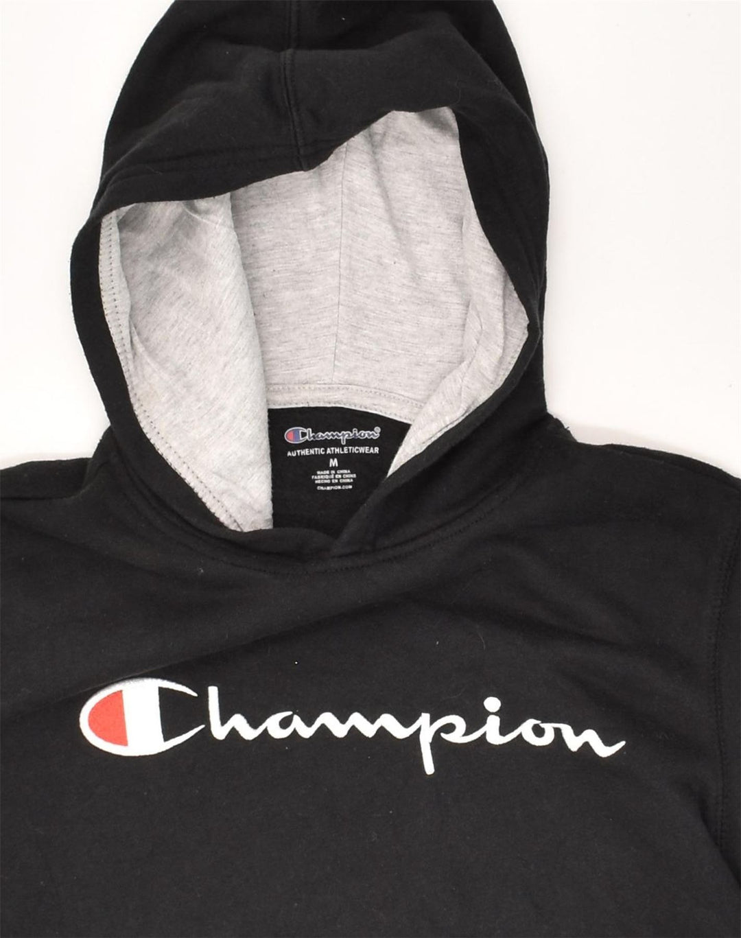 CHAMPION Womens Graphic Hoodie Jumper UK 12 Medium Black Cotton | Vintage Champion | Thrift | Second-Hand Champion | Used Clothing | Messina Hembry 