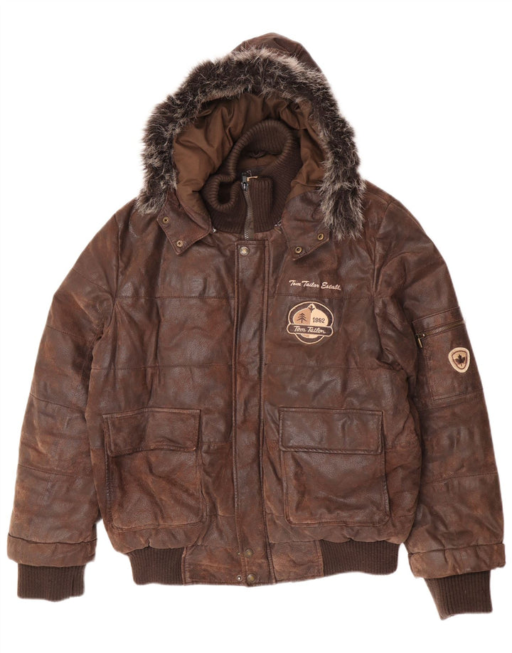 Jaqueta masculina de couro com capuz gráfico Tom Tailor UK 38 couro marrom médio