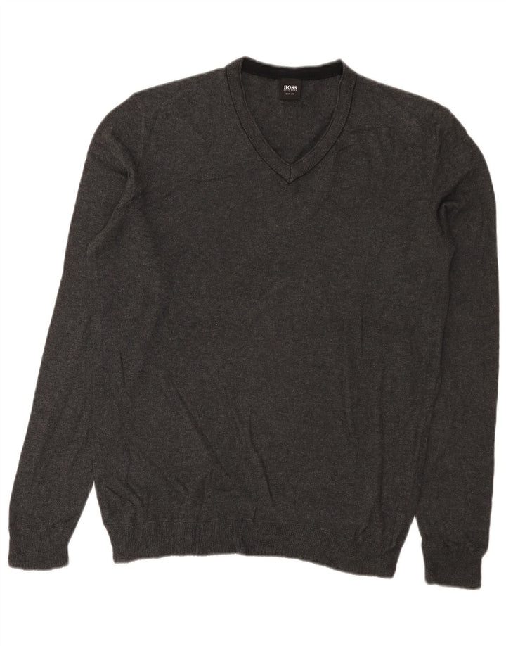Suéter masculino Hugo Boss Slim Fit com decote em V de algodão cinza médio