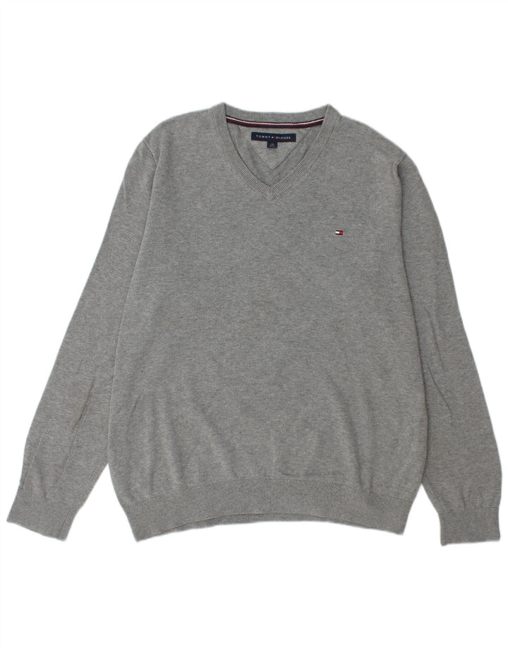Suéter masculino TOMMY HILFIGER com decote em V grande algodão cinza