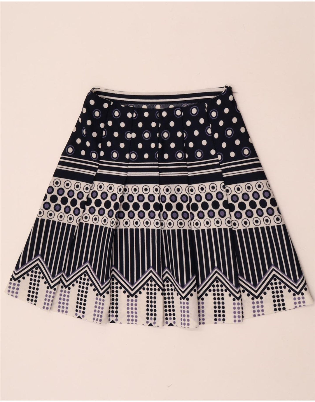 Saia plissada feminina vintage W28 médio azul marinho geométrico