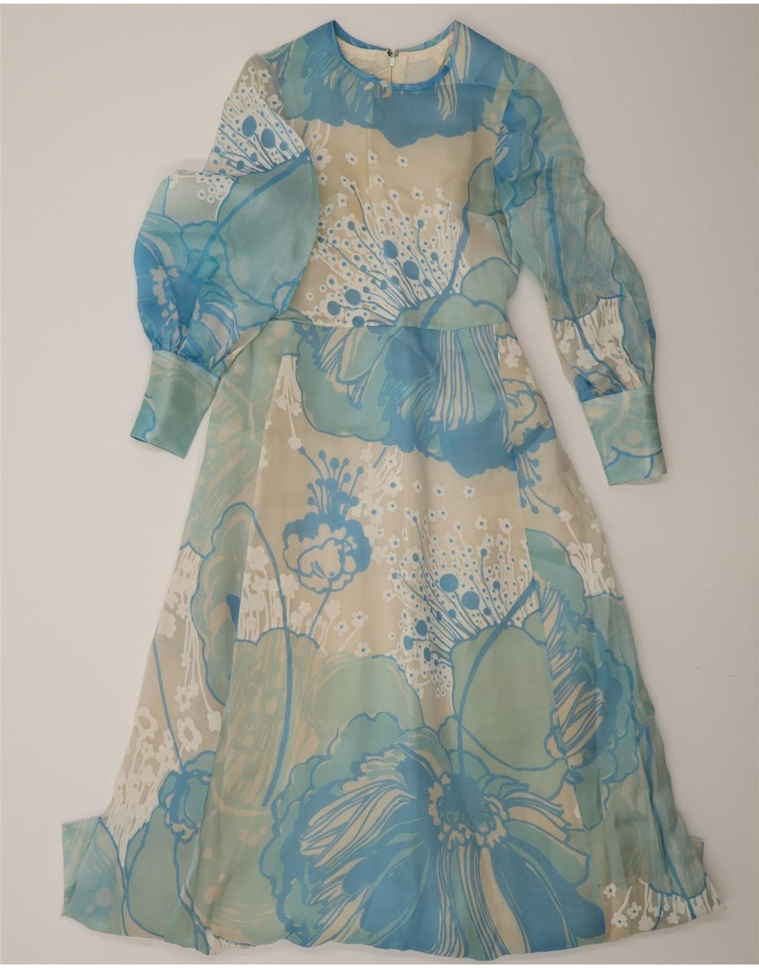 Vestido maxi feminino vintage de manga comprida UK 12 floral azul médio