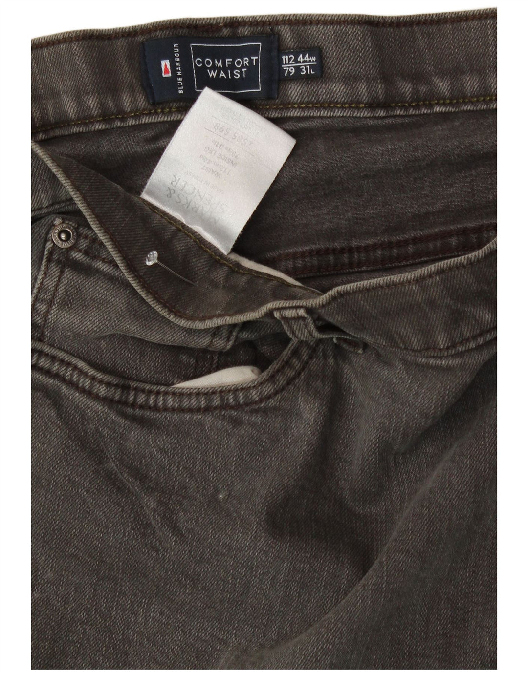 Marks & Spencer Calça jeans masculina Comfort Fit reta W44 L31 algodão cinza