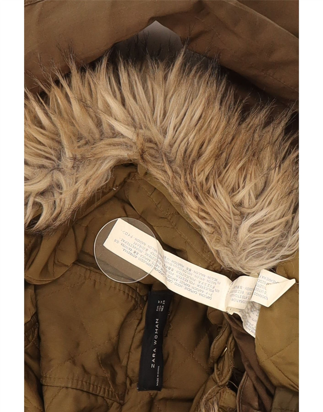 Jaqueta parka feminina com capuz Zara UK 14 poliéster cáqui médio
